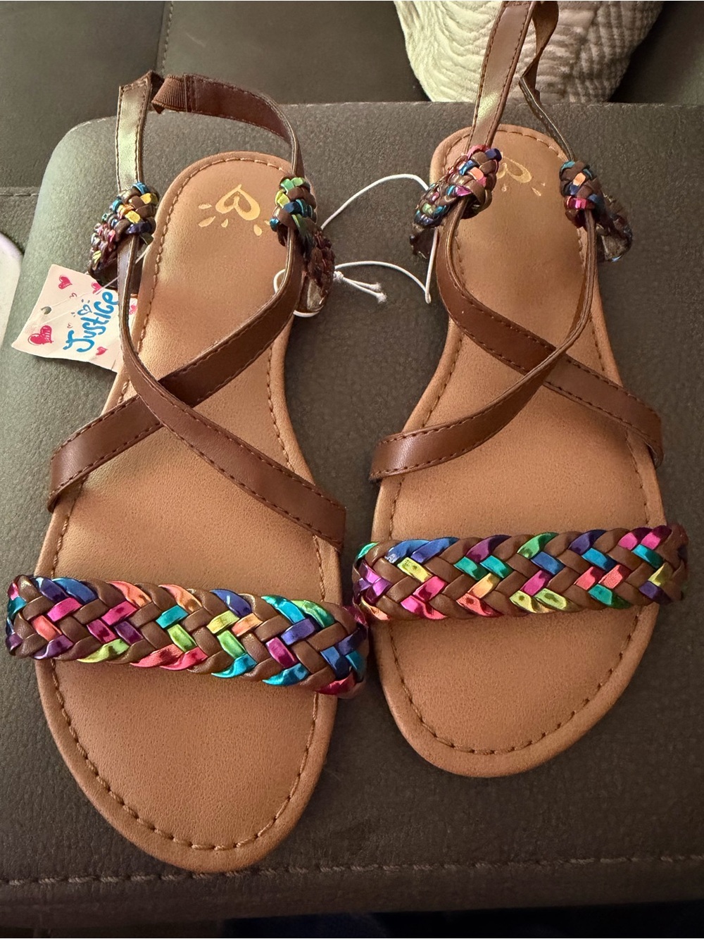 Justice Girls Brown Sandals with Multicolor Braided Straps